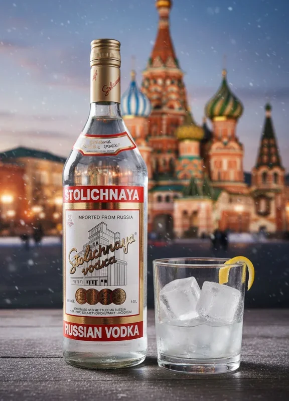 Stolichnaya Premium bottle with a tumbler of vodka on ice, Moscow skyline behind